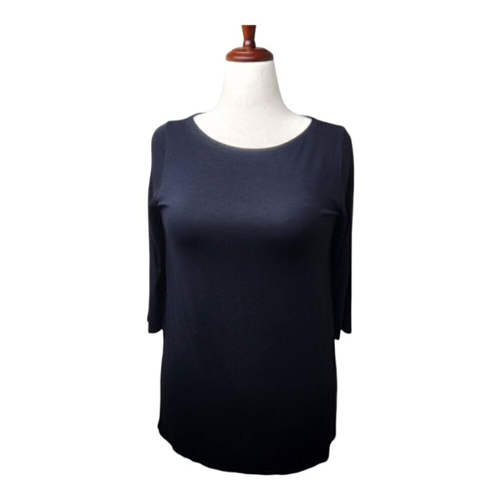 Eileen Fisher Basic Black Crewneck Jersey Stretch Tunic 3/4 Sleeve Size Medium